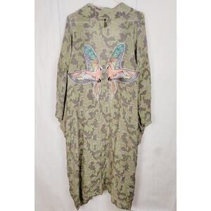 Z&L Europe green camo embroidered parrot tassel tie kimono One Size Boho Hippie